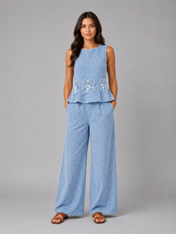 Women's Gingham Two-Piece Set ?C Sleeveless Top & Wide Leg Trousers