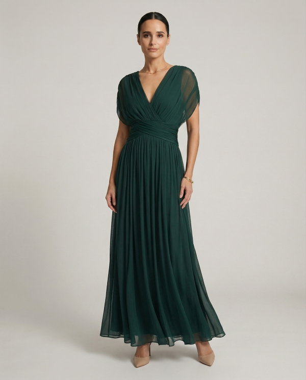 Women's Gradient Pleated Maxi Dress ?C Elegant Flowing Silhouette