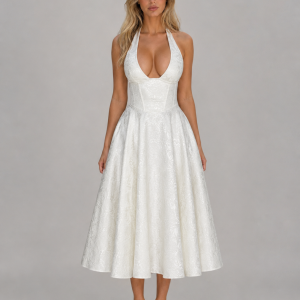 Women's Jacquard Halter Midi Dress ?C Full Skirt Occasion Style
