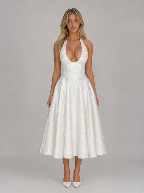 Women's Jacquard Halter Midi Dress ?C Full Skirt Occasion Style