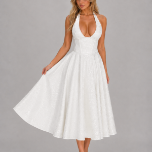Women's Jacquard Halter Midi Dress ?C Full Skirt Occasion Style - Image 4