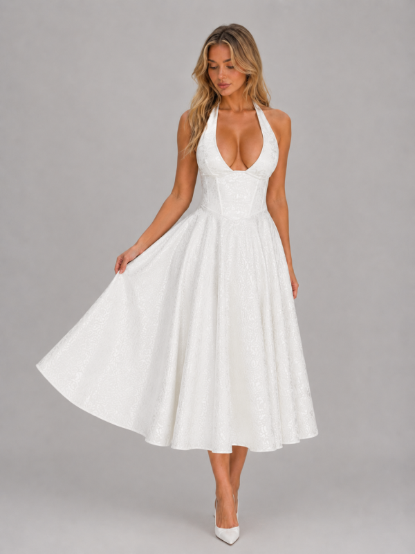 Women's Jacquard Halter Midi Dress ?C Full Skirt Occasion Style