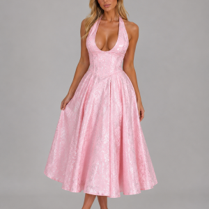 Women's Jacquard Halter Midi Dress ?C Full Skirt Occasion Style - Image 5
