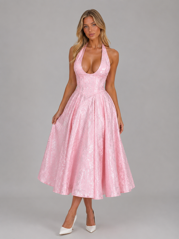 Women's Jacquard Halter Midi Dress ?C Full Skirt Occasion Style