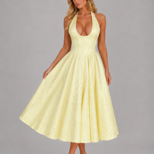 Women's Jacquard Halter Midi Dress ?C Full Skirt Occasion Style - Image 6