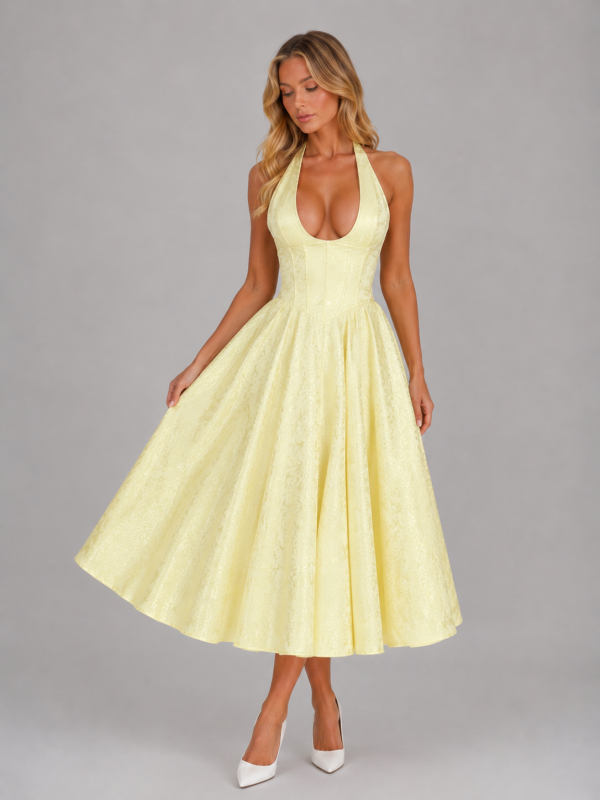 Women's Jacquard Halter Midi Dress ?C Full Skirt Occasion Style