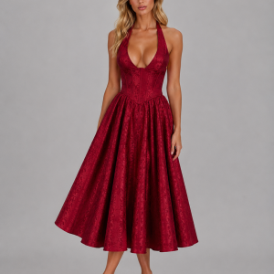 Women's Jacquard Halter Midi Dress ?C Full Skirt Occasion Style - Image 8