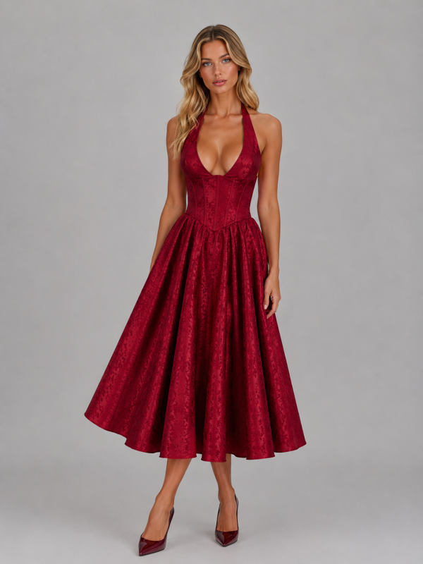Women's Jacquard Halter Midi Dress ?C Full Skirt Occasion Style