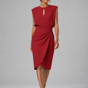 Women's Keyhole Neck Midi Dress ?C Ruched Waist Elegant Fit - Image 6