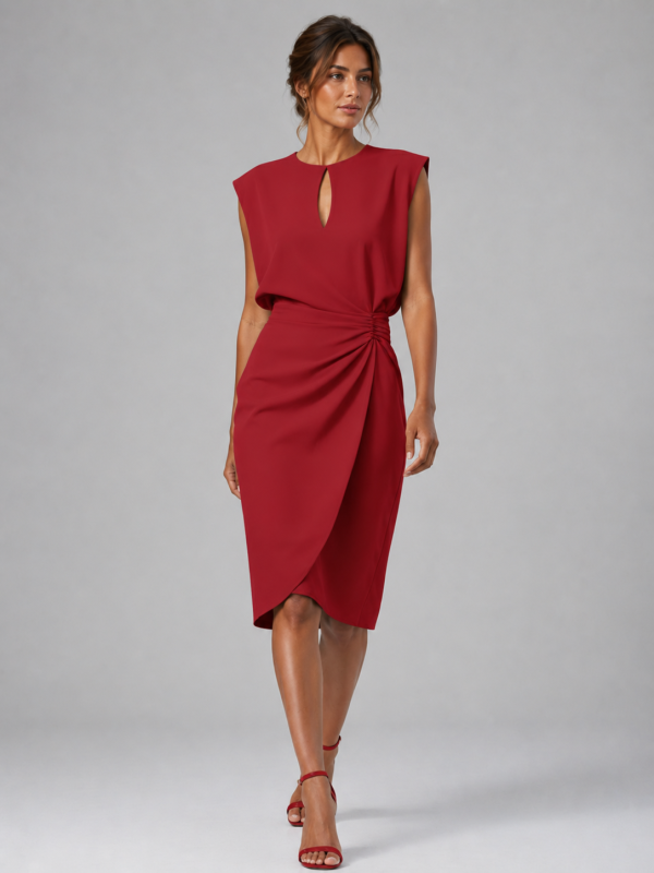 Women's Keyhole Neck Midi Dress ?C Ruched Waist Elegant Fit