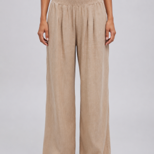 Women's Linen Look Wide Leg Trousers ?C Smocked High Waist Summer Style