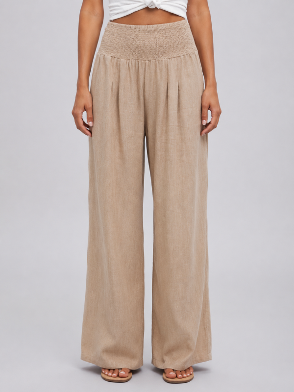 Women's Linen Look Wide Leg Trousers ?C Smocked High Waist Summer Style