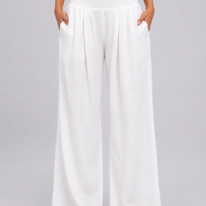 Women's Linen Look Wide Leg Trousers ?C Smocked High Waist Summer Style - Image 5