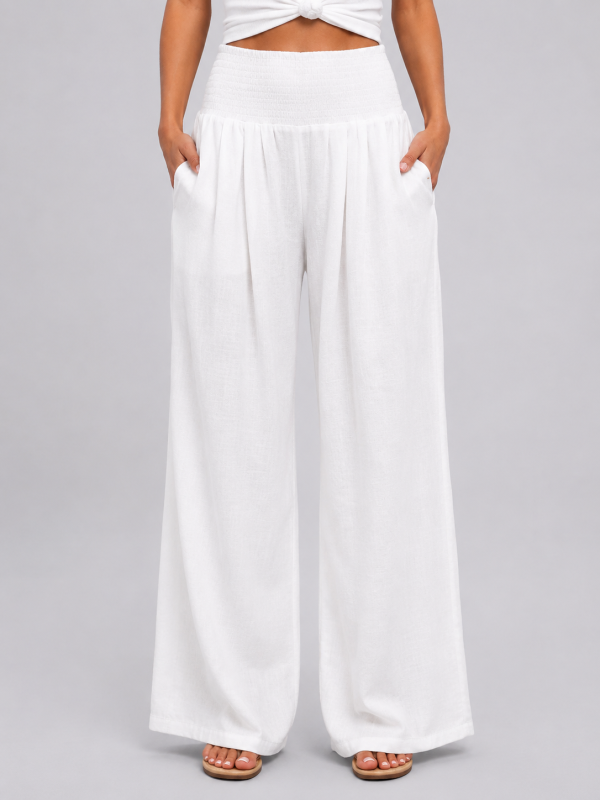 Women's Linen Look Wide Leg Trousers ?C Smocked High Waist Summer Style