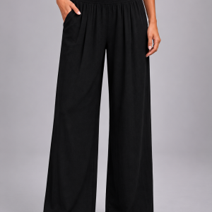 Women's Linen Look Wide Leg Trousers ?C Smocked High Waist Summer Style - Image 4