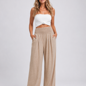 Women's Linen Look Wide Leg Trousers ?C Smocked High Waist Summer Style - Image 3