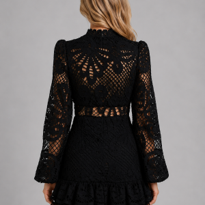Women's Long Sleeve Lace Mini Dress ?C High Neck Cut Out Style - Image 5