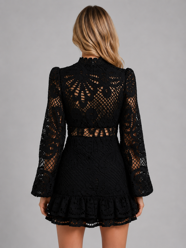 Women's Long Sleeve Lace Mini Dress ?C High Neck Cut Out Style