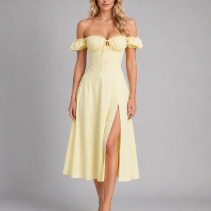 Women's Milkmaid Corset Midi Dress with Split - Summer Occasion Style