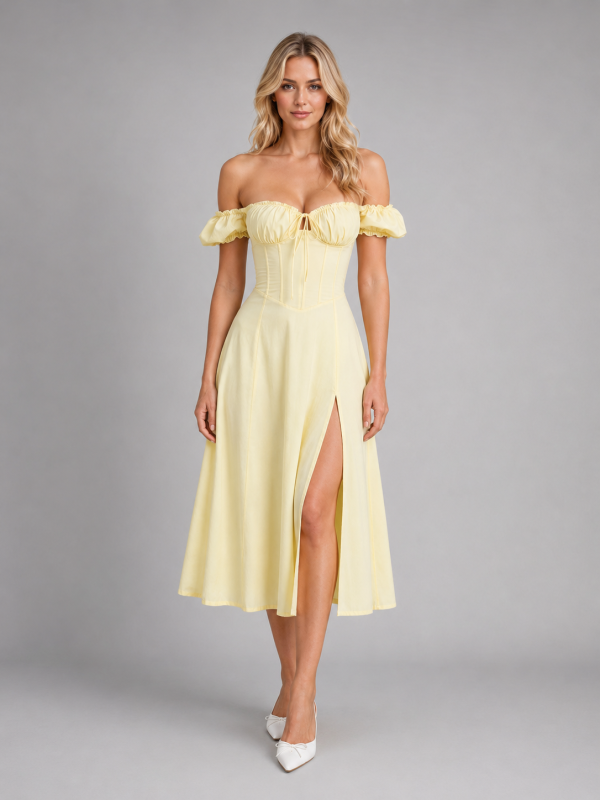 Women's Milkmaid Corset Midi Dress with Split - Summer Occasion Style