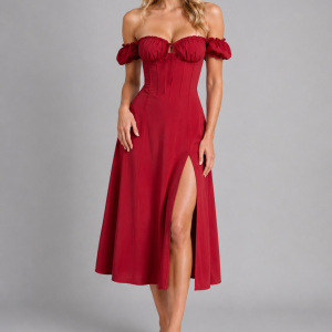 Women's Milkmaid Corset Midi Dress with Split - Summer Occasion Style - Image 6