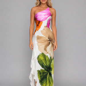 Women's One-Shoulder Floral Maxi Dress ?C Ruffle Hem Summer Style