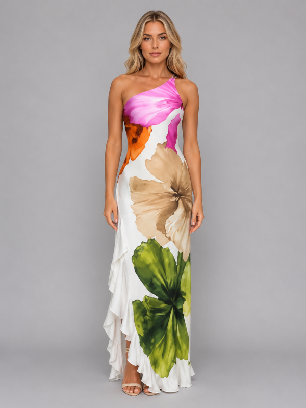 Women's One-Shoulder Floral Maxi Dress ?C Ruffle Hem Summer Style