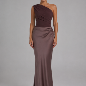 Women's One-Shoulder Satin Feel Maxi Dress ?C Wedding Guest Gown