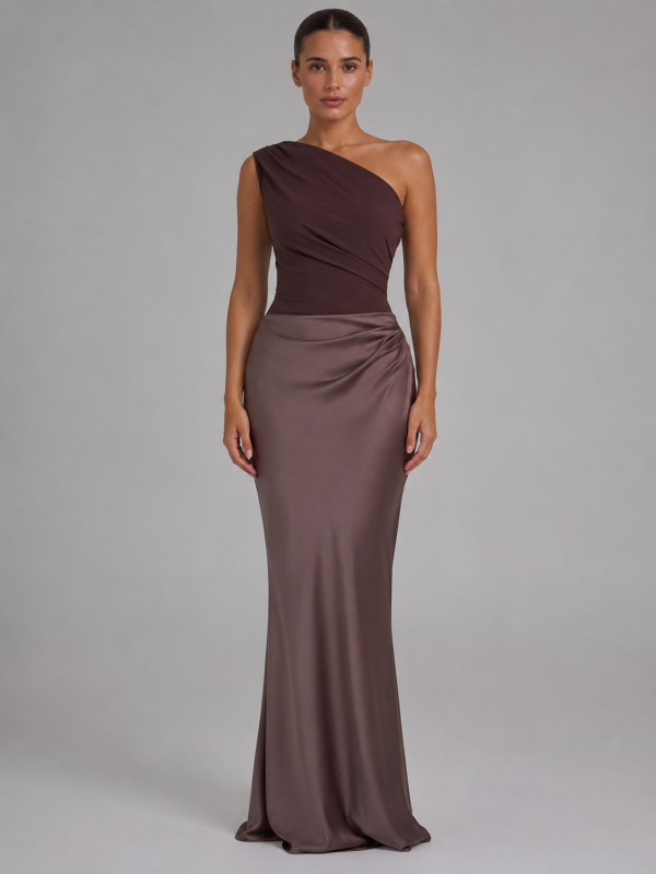 Women's One-Shoulder Satin Feel Maxi Dress ?C Wedding Guest Gown