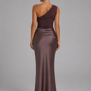 Women's One-Shoulder Satin Feel Maxi Dress ?C Wedding Guest Gown - Image 2