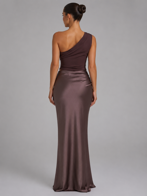 Women's One-Shoulder Satin Feel Maxi Dress ?C Wedding Guest Gown