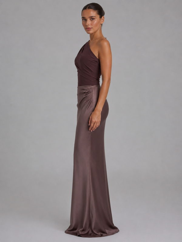 Women's One-Shoulder Satin Feel Maxi Dress ?C Wedding Guest Gown