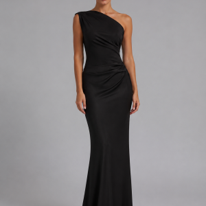 Women's One-Shoulder Satin Feel Maxi Dress ?C Wedding Guest Gown - Image 4