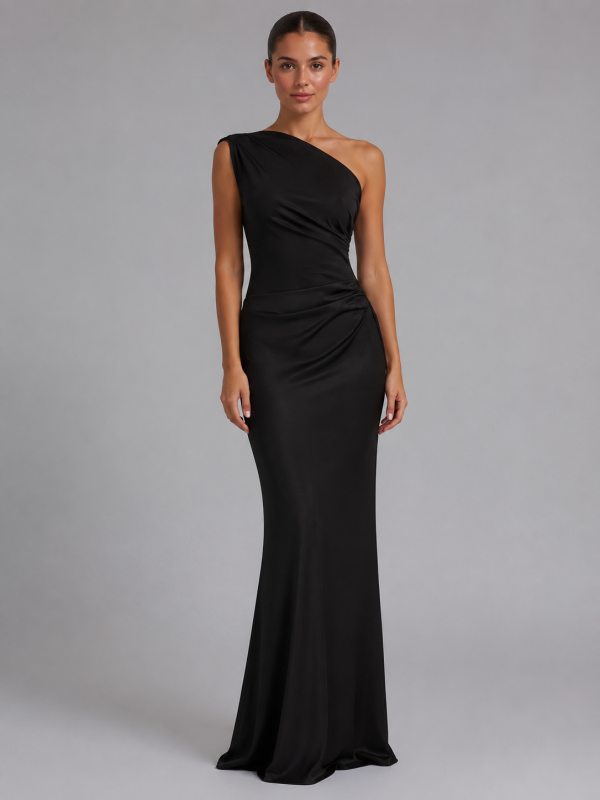 Women's One-Shoulder Satin Feel Maxi Dress ?C Wedding Guest Gown
