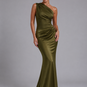 Women's One-Shoulder Satin Feel Maxi Dress ?C Wedding Guest Gown - Image 5