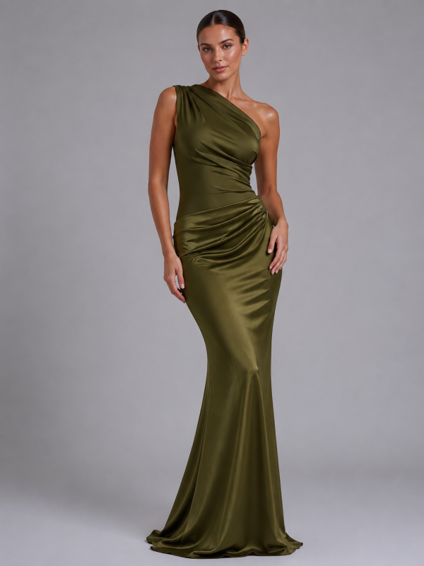 Women's One-Shoulder Satin Feel Maxi Dress ?C Wedding Guest Gown