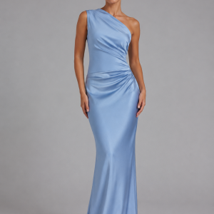 Women's One-Shoulder Satin Feel Maxi Dress ?C Wedding Guest Gown - Image 6