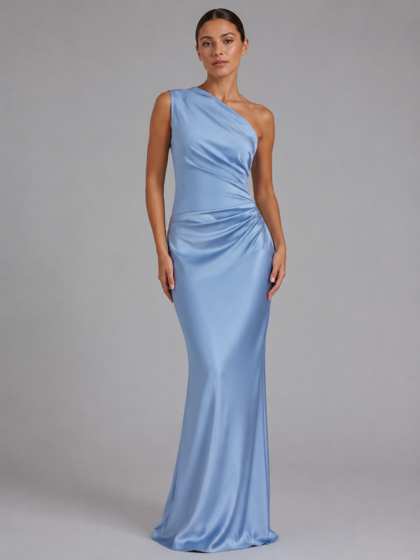 Women's One-Shoulder Satin Feel Maxi Dress ?C Wedding Guest Gown