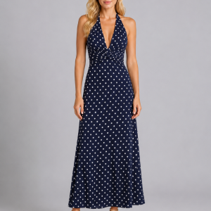 Women's Polka Dot Halter Maxi Dress ?C Summer Occasion Style