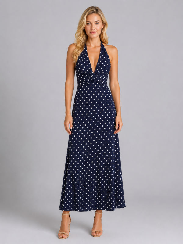 Women's Polka Dot Halter Maxi Dress ?C Summer Occasion Style
