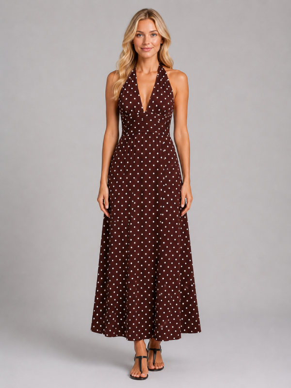 Women's Polka Dot Halter Maxi Dress ?C Summer Occasion Style