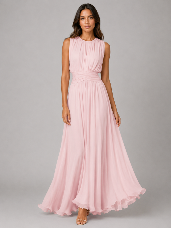 Women's Ruched Chiffon Maxi Dress ?C Flowing Silhouette