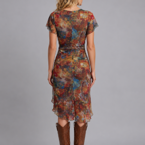 Women's Ruffle Sleeve Midi Dress ?C Ruched Side Split Boho Style - Image 2