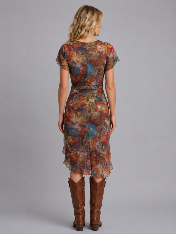 Women's Ruffle Sleeve Midi Dress ?C Ruched Side Split Boho Style