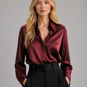 Women's Satin-Feel Blouse ?C Elegant Silky Drape