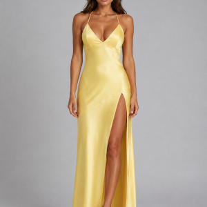 Women's Satin Feel High Split Maxi Dress ?C Elegant Occasion Gown