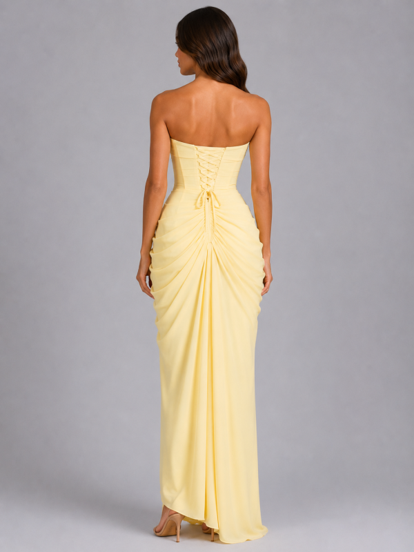 Women's Strapless Draped Maxi Dress ?C Wedding Guest Gown