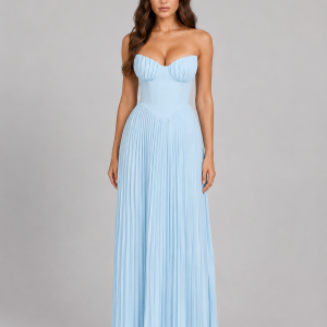 Women's Strapless Pleated Maxi Dress ?C Wedding Guest Gown