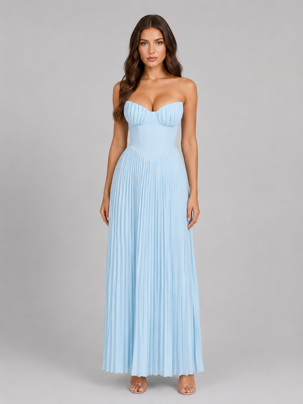 Women's Strapless Pleated Maxi Dress ?C Wedding Guest Gown