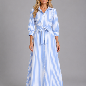 Women's Striped Belted Shirt Maxi Dress ?C Long Sleeve Button Front